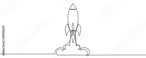 Rocket taking off in one line art style. Spaceship drawing with editable black stroke on white background. Vector illustration.