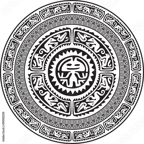 Native American vector round monochrome pattern. Geometric shapes in a circle. National ornament of the peoples of America, Maya, Aztecs, Incas.
