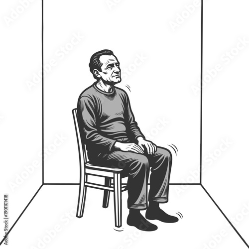 thoughtful man sitting on a chair in a minimal, empty room while gazing upward reflectively sketch engraving generative ai fictional character vector illustration. Scratch board. Black and white image