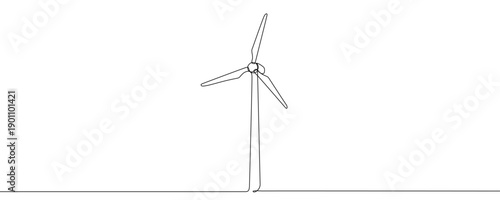 Wind turbine in one line art style. Drawing of a windmill for green energy generation with an editable black stroke on a white background. Vector illustration.