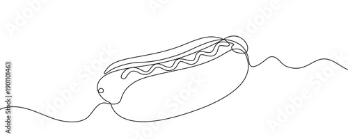 Hot dog in one line art style. Drawing of a bun with sausage and mustard, made with a continuous black stroke on a white background. Vector illustration.