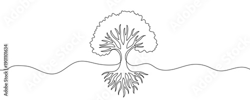 Tree with roots in one line art style. Drawing of an old tree symbolizing life, growth, and nature, made with a continuous black stroke on a white background. Vector illustration.
