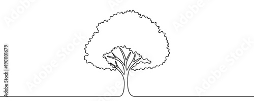 Tree with a thick crown in one line art style. Drawing of a deciduous tree symbolizing nature, ecology, and life, made with a continuous black stroke on a white background. Vector illustration.