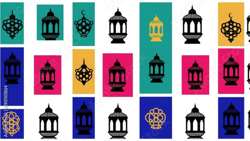Colorful lanterns in various patterns and designs on rectangular backgrounds for decoration
