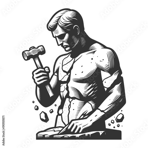 man chiseling his own body from stone, symbolizing self-improvement, discipline, and personal growth sketch engraving generative ai vector illustration. Scratch board imitation. Black and white image.