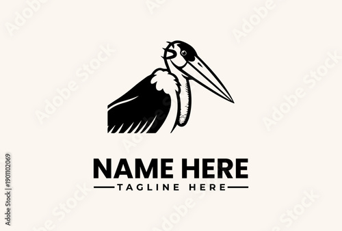 A black and white illustration of a pelican with a customizable name and tagline on a plain background, featuring a logo, vector, illustration, icon, pictogram logo design.