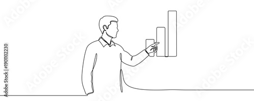 Man pointing at a growing graph in line art style. Minimalist drawing of an analyst or entrepreneur demonstrating success, made in a continuous line. Vector illustration.