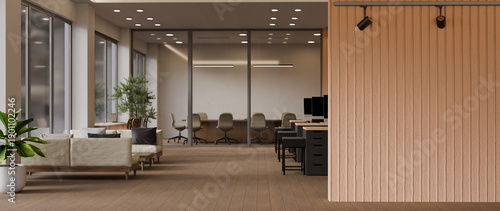 3D modern open office with a blank wooden wall and a glass meeting room.