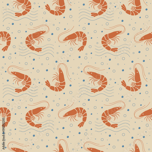 Seamless pattern with featuring shrimp in a simple line art style. Minimalist Mediterranean botanical pattern for textile, wallpaper and modern surface design. Vector illustration.
