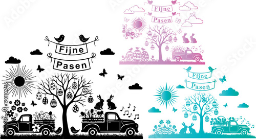 Easter truck and bunny silhouette vector illustration set with eggs, trees, birds, clouds, and 'Fijne Pasen' banner