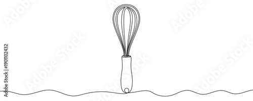 Kitchen whisk in line art style. Minimalist drawing of a kitchen tool made in a single continuous line. Vector illustration.