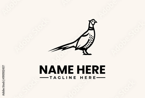 A simple black and white illustration of a pheasant standing on a plain background with a placeholder text for a logo, including a name and tagline.