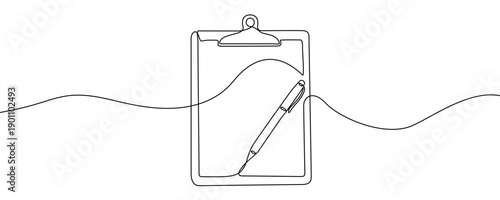 Clipboard with a pen in line art style. Minimalist drawing of a clipboard with a ballpoint pen, made in a single continuous line. Vector illustration.