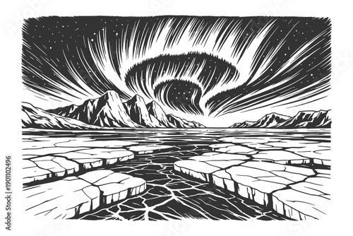 Northern Lights Aurora Borealis Over Snowy Arctic Mountains and Frozen Ice Cracked Lake Detailed Woodcut Style Black and White Vector Illustration
