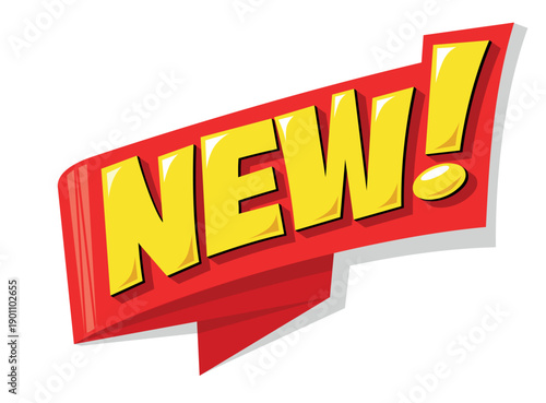 New! Comic speech bubble. Sale, promo, discount, arrival lettering element on red award ribbon. Vector on transparent background