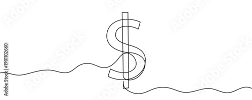 Dollar sign in line art style. Minimalist drawing of the American currency symbol, made in a single continuous line. Vector illustration.