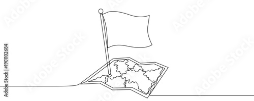 Map and flag in line art style. Minimalist drawing of an unfolded map with a flag installed, symbolizing location, travel, or discovery, made in a continuous line. Vector illustration.