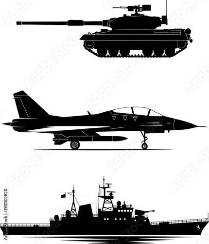 Land, Air, and Sea Military Transport Vector Silhouettes
