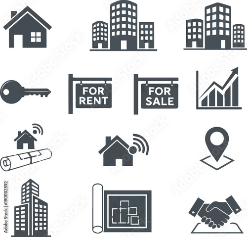  Create a various kinds of Real estate icon shilouttee set. featuring property, house, home, key, rent, sale, mortgage, smart home, blueprint, building, location and morevector art of white background