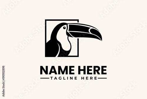 A black and white illustration of a toucan's head in a square frame with a placeholder text for a logo or brand name on a beige background.