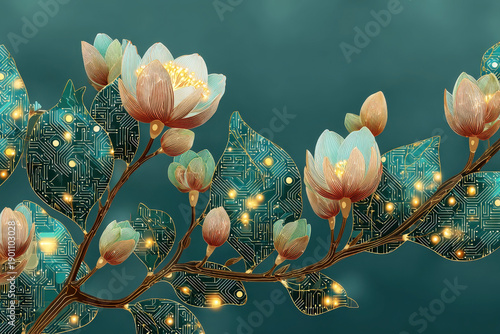 Tech meets nature in this digital art. Stylized flowers and leaves boast circuit board patterns, blending organic growth and technology