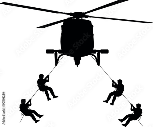 Special Forces Soldiers Rappelling from Helicopter Silhouette