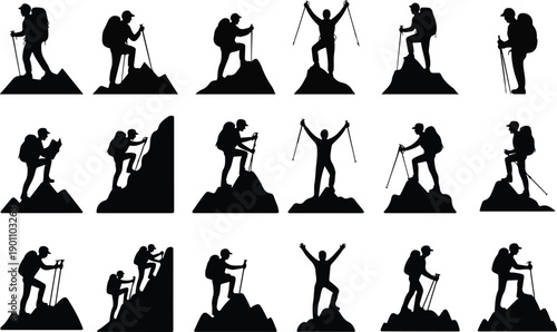 Mountaineer Silhouette Outline Manual Design Set  Hiking, Trekking, and Adventure