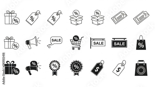 sales, discounts, and promotions, including price tags, gift boxes, shopping carts, and megaphones, suitable for e-commerce and marketing