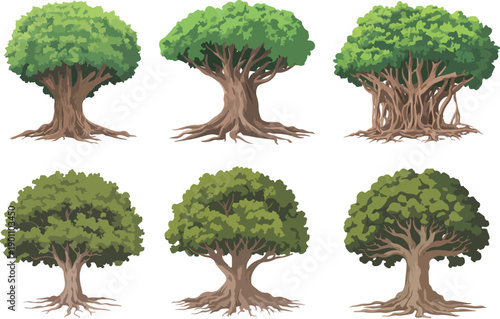 Tableau sur toile Banyan Tree Outline Manual Design Set  Hanging Roots and Lush Canopy