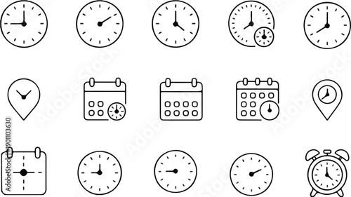 Calendar and Clock Line Icon Set Featuring Date Scheduling, Time Management, Reminders, Deadlines, and Planning Symbols for Productivity Apps and UI Design