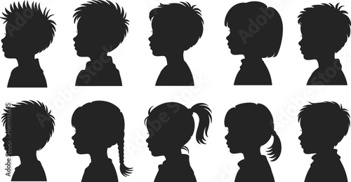 Children head profile silhouettes collection, boys and girls side view portraits with different hairstyles, black vector icons set