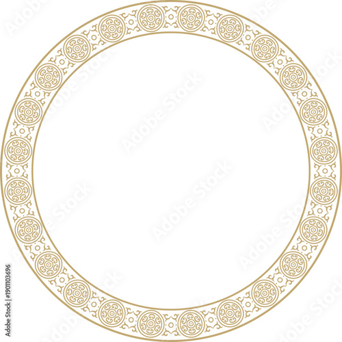 Vector round gold ancient Russian ornament. Slavic border, frame. Circle, ring. Painting of the royal chambers.