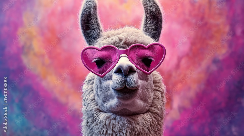 Fototapeta premium Fluffy llama wearing pink heart-shaped sunglasses loving life, copy space