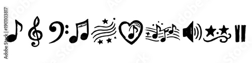 Artistic collection of hand-drawn music icons, notes, and clefs with a textured brush style in navy, cyan, and black on white background.