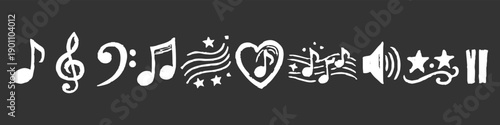 Artistic hand-drawn white musical notes and symbols doodle on a dark background. Creative chalk style banner for music lovers.