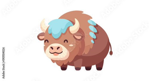 A cute fluffy brown cartoon bison with blue fur and a happy face standing on a white background, adorable animal illustration.