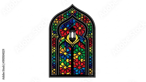 Vibrant stained glass window with floral patterns and geometric shapes in a gothic architectural style