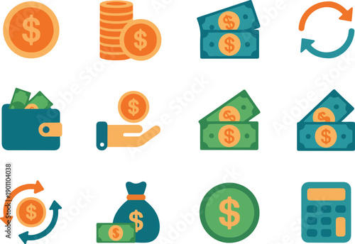 Finance and Money Flat Icon Set  Banking, Payments, Savings, and Currency Exchange