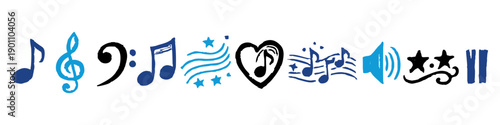 Artistic collection of hand-drawn music icons, notes, and clefs with a textured brush style in navy, cyan, and black on white background.