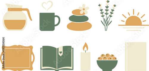 Modern slow living and morning ritual icons with 10 elements warm eucalyptus green melodious ivory soft ochre ceramic coffee carafe mug heart steam stones flower lavender sunrise tray open book 