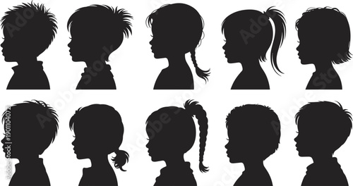 Children head profile silhouettes set, boys and girls side view hairstyles, black vector icons collection for childhood illustration