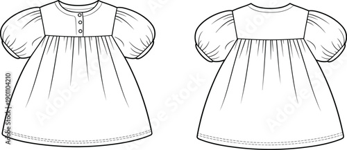 Line of two children's puffy sleeved dresses front and back fashion sewing patterns line children's dresses