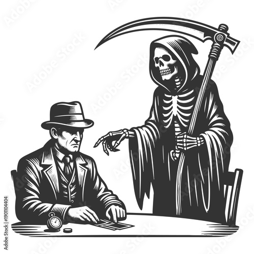 man playing cards at a table while the Grim Reaper looms behind him with a scythe. sketch engraving generative ai vector illustration. Scratch board. Black and white.