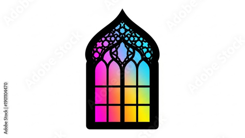 Colorful stained glass window with intricate design on white background symbolizing spirituality and artistry
