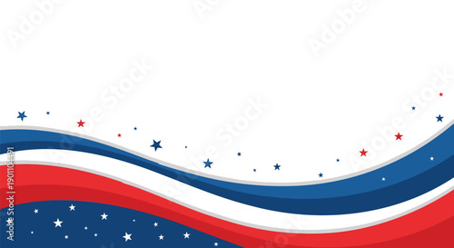 Red, white, and blue wavy stripes with stars, patriotic banner or poster element, for Independence Day or Memorial Day celebration, Isolated on transparent background, png