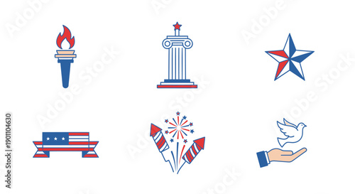 American patriotic icons set, including torch, monument, star, banner, fireworks, dove on hand, for Independence Day or Memorial Day, isolated on transparent background, png