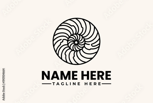 A logo design featuring a nautilus shell icon with a placeholder name and tagline on a clean background, presented in a simple illustration style with a minimalist aesthetic.