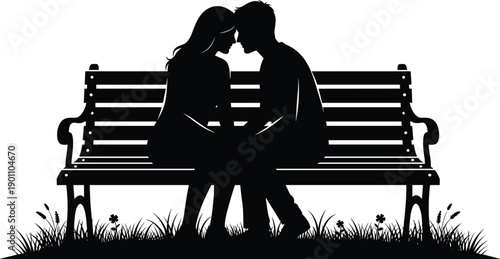 Couple sitting on park bench silhouette with intimate pose, vector illustration, editable design, isolated romantic outdoor graphic