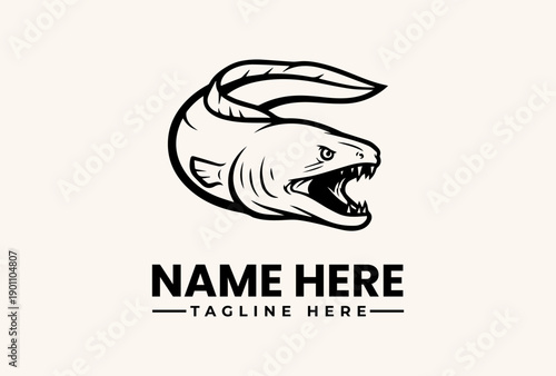 A black and white illustration of an eel's head with an open mouth, forming a logo or icon on a beige background with space for a name and tagline.