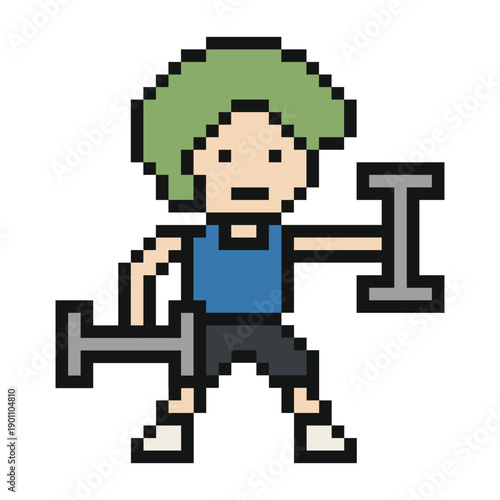 Cartoon man muscle strength weight training physical exercise gym fitness with dumbbell,8bit,pixel art,vector,background.